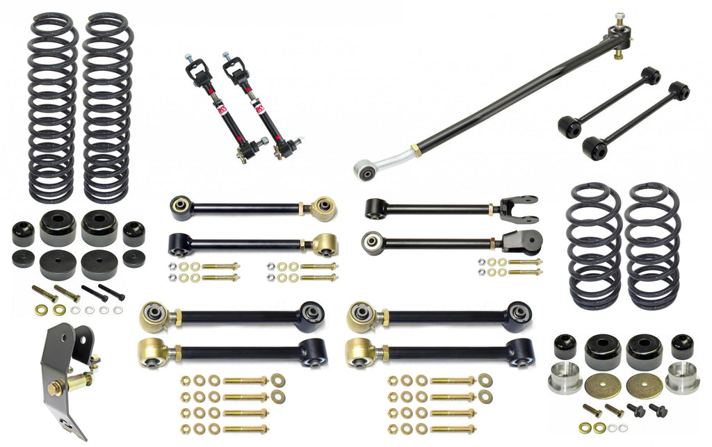 Johnny Joint Suspension System 97-06 Wrangler TJ 4 Inch lift Includes Springs Adj. Cntrl Arms F S/B Disconnects R S/B Links F Trac Bar R Trac Bar Reloc F/R Bump Stops