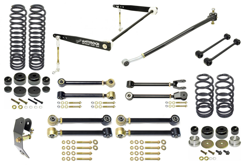 Johnny Joint Suspension System 97-06 Wrangler TJ 4 Inch lift Includes Springs Adj. Cntrl Arms Antirock F S/B R S/B Links F Trac Bar R Trac Bar Reloc F/R Bump Stops