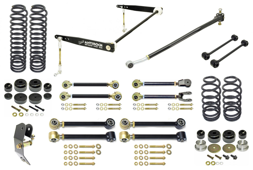 Johnny Joint Suspension System 04-06 Jeep LJ Unlimited 4 Inch lift Includes Springs Adj. Cntrl Arms (Double Adj. Uppers) Antirock F S/B R S/B Links F Trac Bar R Trac Bar Reloc F/R Bump Stops